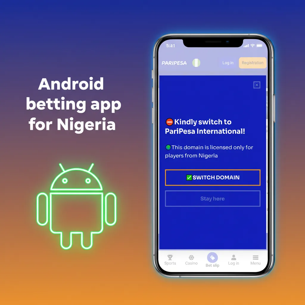 Android betting app for Nigeria shown on phone; Android 7+ compatible, light on data; APK install steps, PIN, deposit.