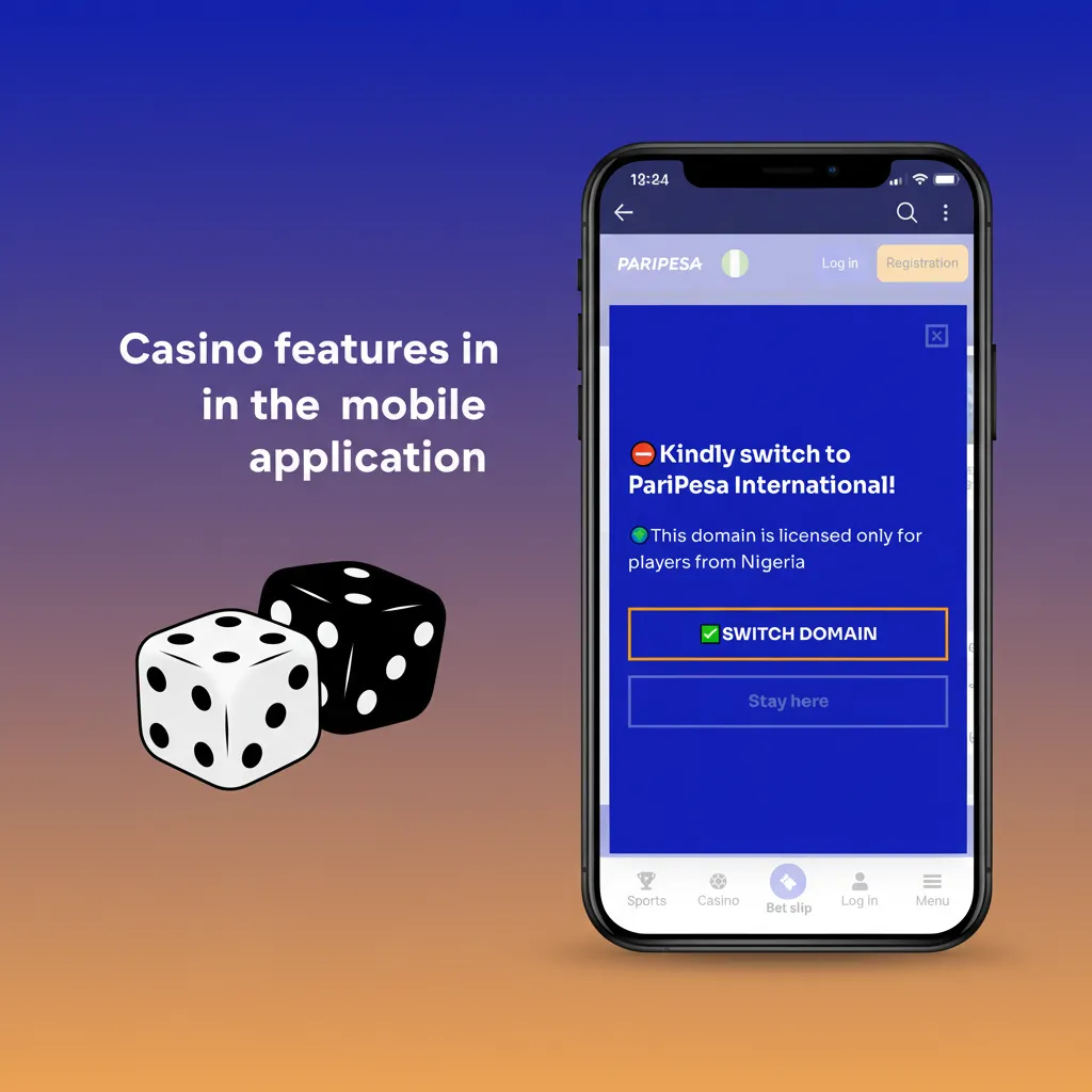 Paripesa app screen showing casino tab with slots, live dealer games, promos, and one-tap switch from sports.