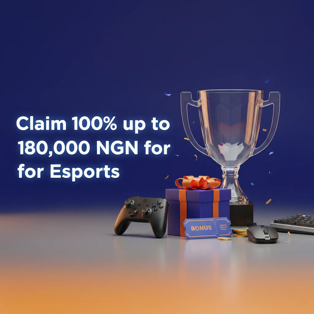 Promo banner: 100% esports welcome bonus up to 180,000 NGN after first deposit, for new users.