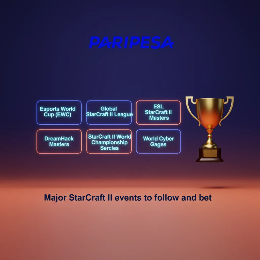 Graphic listing major StarCraft II tournaments for betting: EWC, ESL Masters, IEM Katowice, TSL, HomeStory, GSL, WardiTV.
