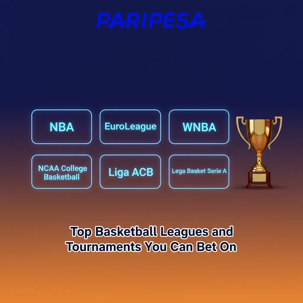 Graphic highlighting basketball leagues to bet on: NBA, WNBA, G League, EuroLeague, EuroCup, ACB, LBA, LNB, FIBA.