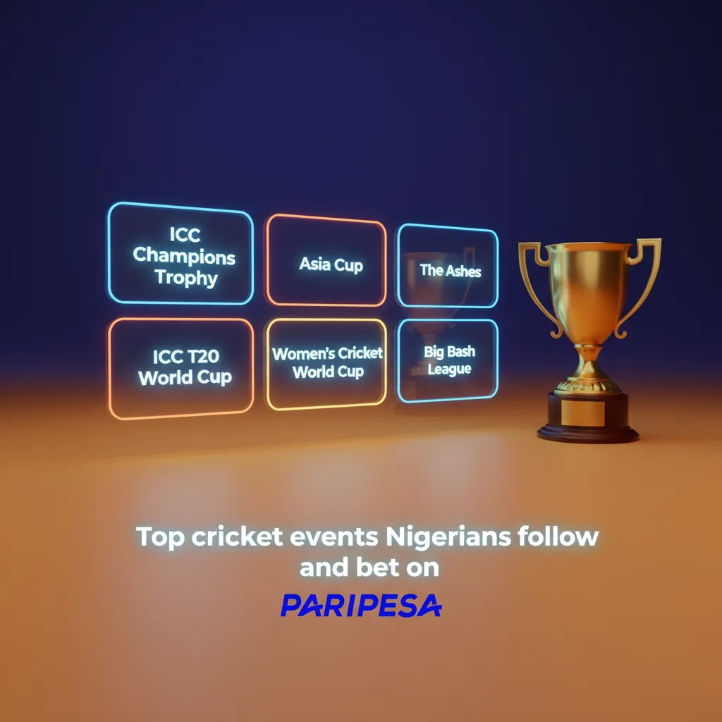 Infographic of top cricket events Nigerians follow and bet on: ICC World Cups, The Ashes, WTC, IPL, local leagues.