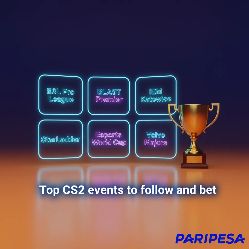 Graphic of top CS2 events: ESL Pro League, BLAST, IEM Katowice, IEM Cologne, Valve Majors, Esports World Cup, StarLadder.