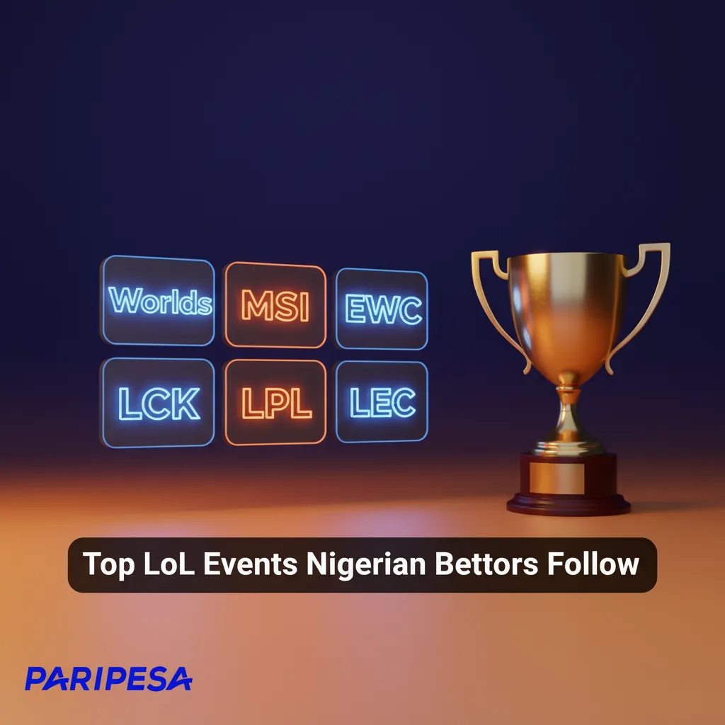 Top LoL events Nigerians follow: Worlds, MSI, EWC, LCK, LPL, LEC, with NGN pre-match and live betting odds.