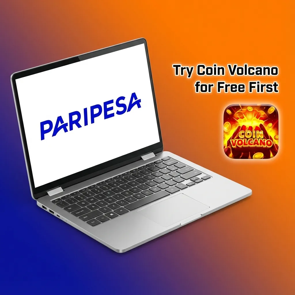 Paripesa demo mode screen showing Coin Volcano game with virtual credits for risk-free practice play