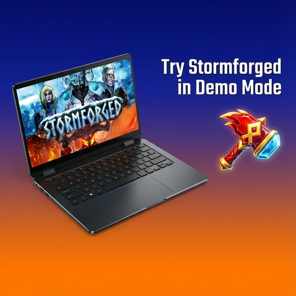 Player testing Stormforged slot game in demo mode with virtual credits on screen